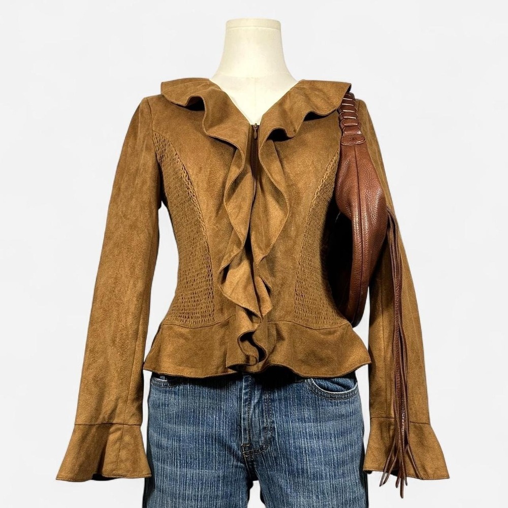 Y2K Jones New York Brown Faux Suede Zip Up Jacket Ruffle Trim Womens 4P Western